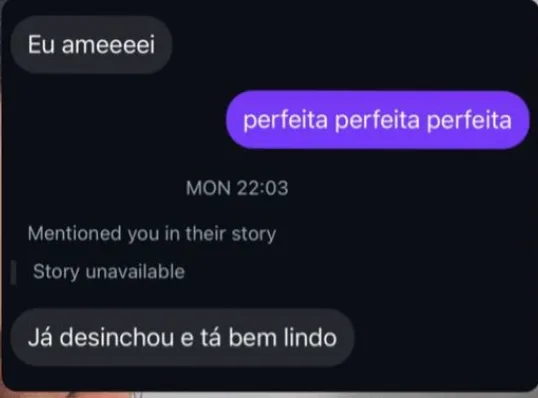 Mensagem de paciente sobre preenchimento labial, recebida pelo Instagram