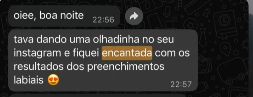 Mensagem de paciente sobre preenchimento labial, recebida pelo WhatsApp