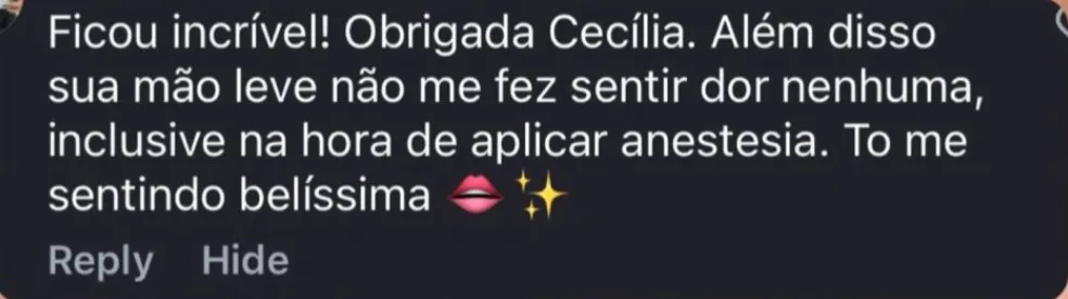 Mensagem de paciente sobre preenchimento labial, recebida pelo Instagram