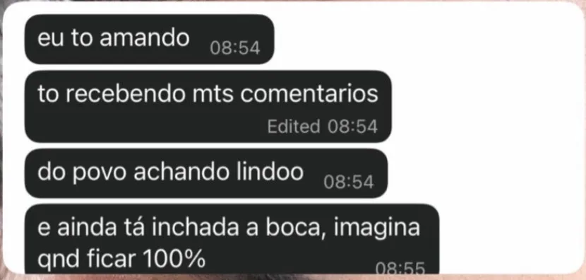 Mensagem de paciente sobre preenchimento labial, recebida pelo WhatsApp